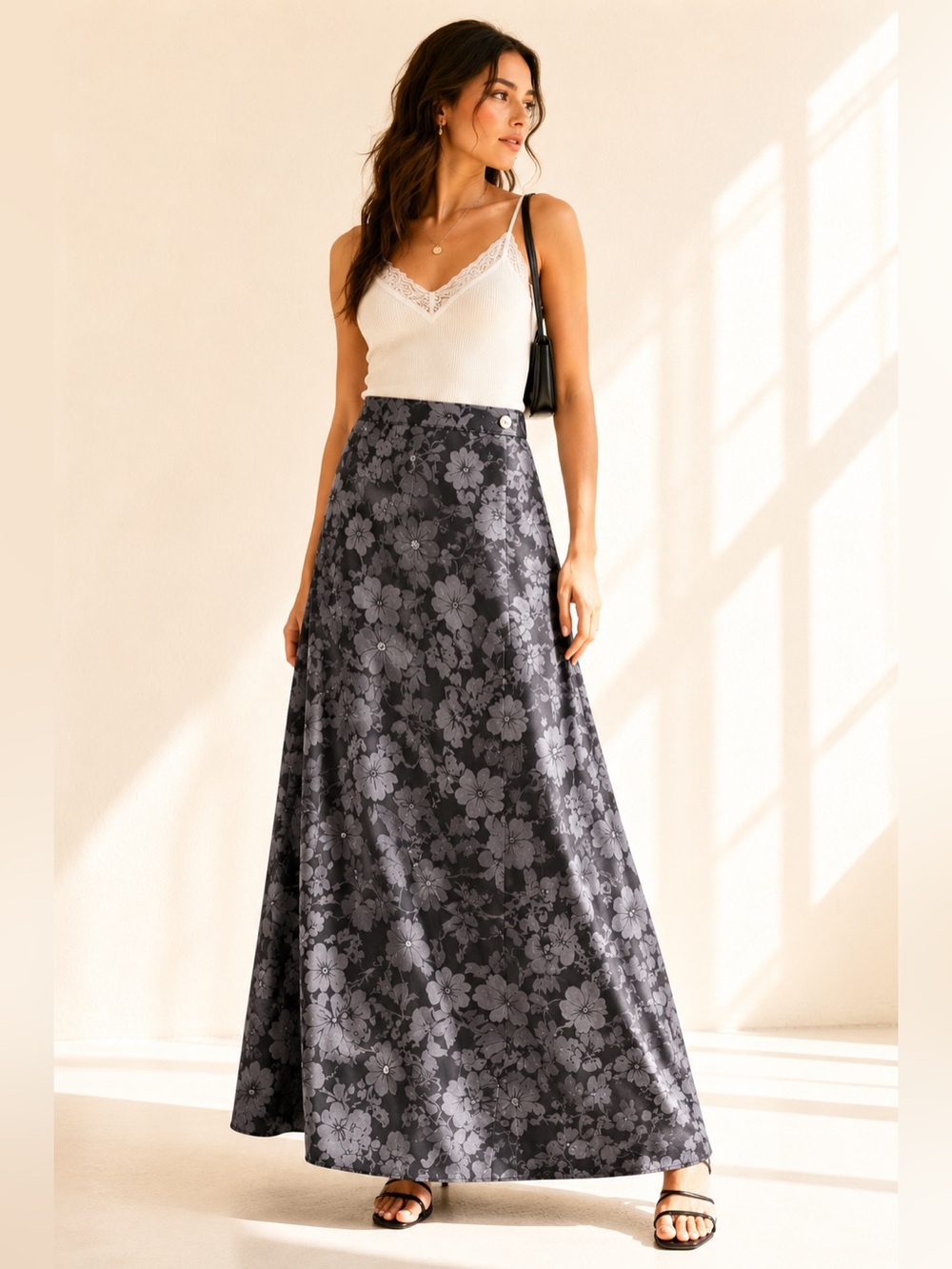 Vintage Floral Maxi Skirt Charcoal Grey A-Line Statement Woolrich Sz 4